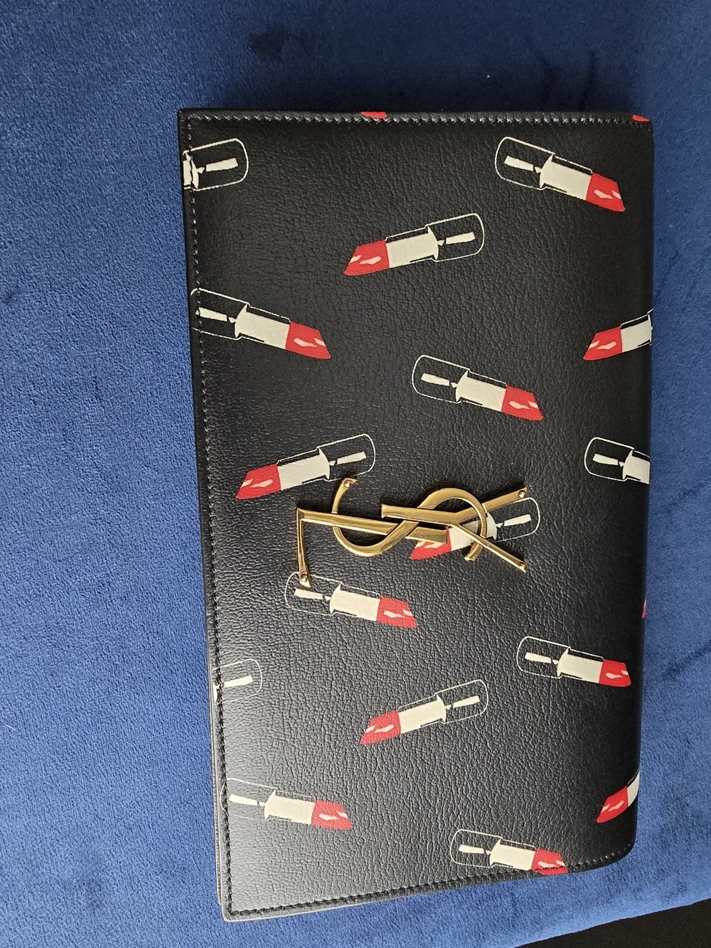 Saint Laurent Black Lipstick Print Leather Clutch